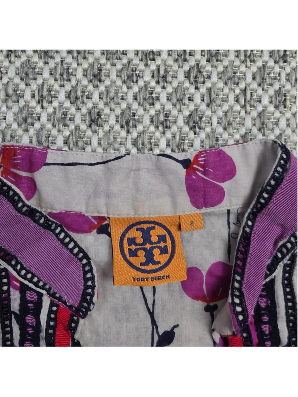 Tory Burch Womens 2 Floral Poppy Print Embroidered Tunic Top Pink Purple